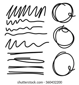 Highlighter circles scribbles and underlines, curves and zigzags  set for marks. Vector imitation of hand drawing.