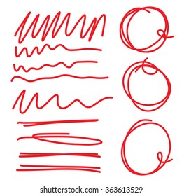 Highlighter circles scribbles and underlines, curves and zigzags  set for marks. Vector imitation of hand drawing.