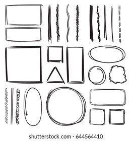 Highlighter, circles and underlines. Vector illustration set of pencil marks. Hand drawn pictures