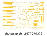Highlighter collection, brush lines, isolated in white background. Marker yellow set, brush pen hand drawn underline. Vector highlighter graphic stylish element.