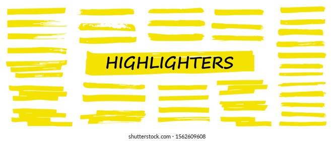 Highlighter collection, brush lines, isolated in white background. Marker yellow set, brush pen hand drawn underline. Vector highlighter graphic stylish element. Watercolor hand drawn highlight set.