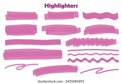Colección resaltadora, líneas de pincel, aisladas en fondo blanco. Marcador rosa conjunto, pincel lápiz dibujado a mano subrayado. Vector resaltador gráfico elemento elegante. Acuarela dibujada a mano conjunto de resaltado.