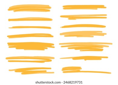 Highlighter collection, brush lines, isolated in white background. Marker yellow set, brush pen hand drawn underline. Vector highlighter graphic stylish element.