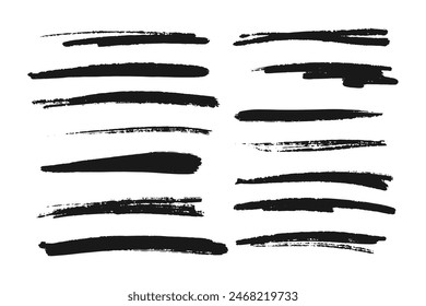 Highlighter collection, brush lines, isolated in white background. Marker yellow set, brush pen hand drawn underline. Vector highlighter graphic stylish element.