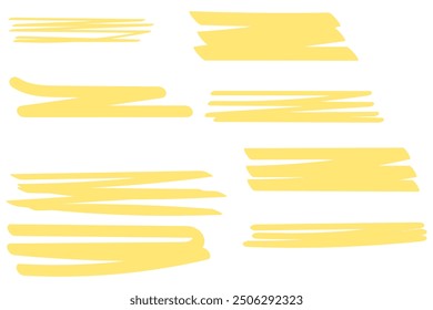 Colección de resaltador, líneas de pincel, aislado en fondo blanco. Conjunto de marcador amarillo, lápiz de pincel dibujado a mano subrayado. Elemento de estilo gráfico resaltador de Vector. Conjunto de resaltado dibujado a mano de acuarela.