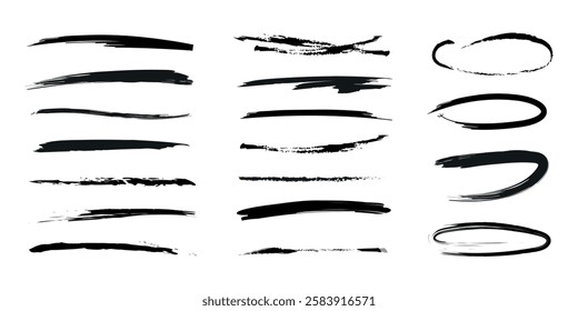 Highlighter collection, brush lines, isolated in white background. Marker black set, brush pen hand drawn underline. Vector highlighter graphic stylish element. Decor for  illustrations