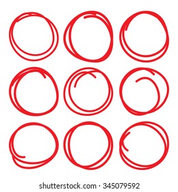 Highlighter elements, red circle set, collection of correction and hand draw circles.