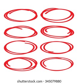 Highlighter elements, red ovals set, collection of correction and hand draw oval.