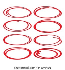 Highlighter elements, red ovals set, collection of correction and hand draw oval.