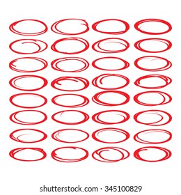 Highlighter elements, red ovals set, collection of correction and hand draw oval.