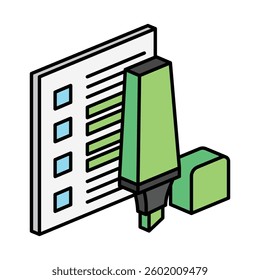Highlighter isometric 3D color icon, mini illustration. use for modern concept, print, UI, UX kit, web and app development. Vector EPS 10, related to learning and education, science