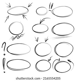 Highlighter maker ovals lines, arrows, check, circle, yes, no, isolated on white background. Marker pen highlight underline strokes. Vector hand drawn graphic doodle element.