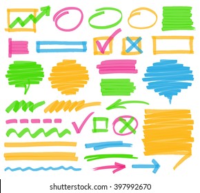 Highlighter marker design elements. Set of highlighter marks, stripes, strokes, shaded speech bubbles and arrows. Optimized for one click color changes. Transparent colors EPS10 vector.