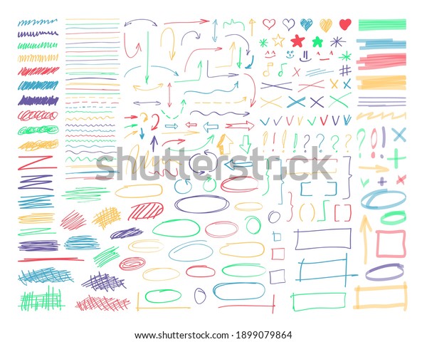 Highlighter marker line, arrow, curve,\
checkmark and border. Set of sketchy permanent stripe, vignetting\
and paintbrush, pencil, pen scribble element vector illustration\
isolated on white\
background