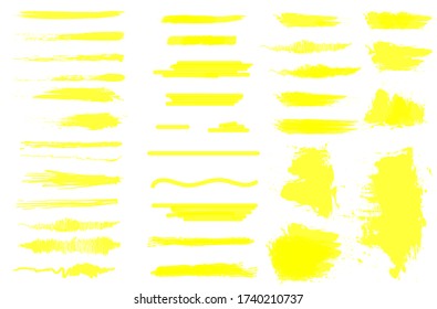 Highlighter marker pen underline strokes. Marker color stroke, brush pen hand drawn underline. Highlight yellow strokes, lines isolated on a white background. Vector illustration, eps 10.