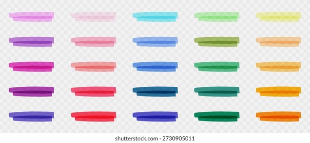 Markierungssatz für Textmarker, Farbige Filzstifte mit Doodle-Pinsel zur Textmarkierung, Unterstrichene Linie, Handgezeichnete Markierungsstriche.