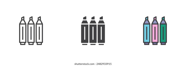 Marcadores de resaltado para un conjunto de iconos de estilo diferente. Línea, glifo y contorno relleno versión colorida, contorno y Vector relleno signo. Símbolo, ilustración del logotipo. Vector gráfico