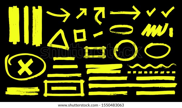 Highlighter marks. Hand drawn yellow highlight\
marker signs. Vector highlighter strokes arrows rounds isolated on\
black background