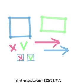 Highlighter marks, stripes, strokes, frames, speech bubbles, crosses, ticks and arrows vector set. Elements drawn with colored marker