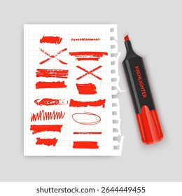 Highlighter on a notebook with colorful strokes and annotations