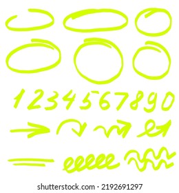 Highlighter ovals set. Marker hand drawn numbers, lines, arrows, check, circle, isolated on white background. Marker pen highlight underline strokes. Vector graphic doodle element.