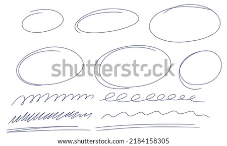 Highlighter ovals set. Marker hand drawn lines, arrows, check mark, circle, isolated on white background. Marker pen highlight underline strokes. Vector graphic doodle element.