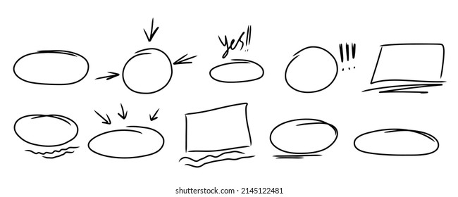 Highlighter ovals set. Marker Lines, arrows, check, circle, yes, isolated on white background. Marker pen highlight underline strokes. Vector hand drawn graphic doodle element.