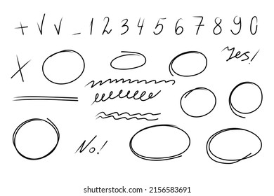 Highlighter ovals set. Marker numbers, lines, arrows, check, circle, yes, isolated on white background. Marker pen highlight underline strokes. Vector hand drawn graphic doodle element.