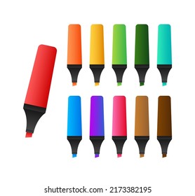 Highlighter pen marker set. School tools. Office supplies. Vector stock illustration.