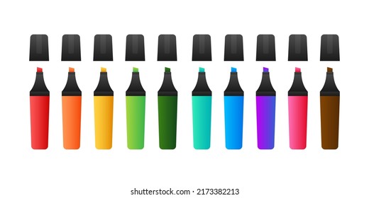 Highlighter pen marker set. School tools. Office supplies. Vector stock illustration.