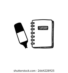 Pluma y cuaderno del resaltador en el escritorio para la Imagen del estudio y de las notas