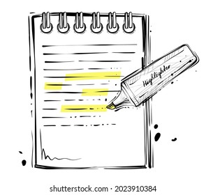 Highlighter pen and notebook, sketchy hand drawn vector