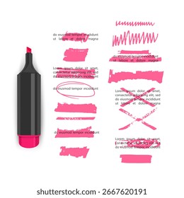 Textmarker Stift und Papier mit hervorgehobenem Text und Markierungen