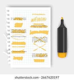Highlighter pen and paper with highlighted text and markings