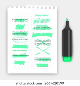 Highlighter pen and paper with highlighted text and markings