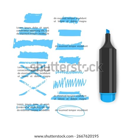 Highlighter pen and paper with highlighted text and markings