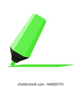 Highlighter pen writing the green color line on white background. Stationary equipment and education tool, Marking important message. Flat design vector illustration.