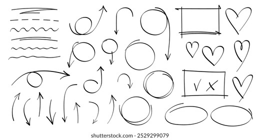 Marca-texto. Setas, linhas, corações, oval, retângulo, traçados e marcas de sublinhado. Conjunto de elipses, retângulos, quadrados, ovais. Coleção de elementos e formas de rabiscar pincel para notas de mensagem