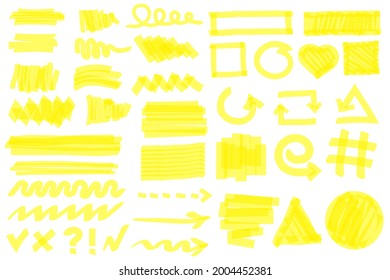 Highlighter strokes. Yellow marker lines, strokes, arrows, frames, circles, checkmarks. Hand drawn permanent markers doodle elements vector set. Stripes, geometric shapes and arrows