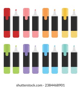 Highlighter vector illustration on white background. Colorful colors highlighter can draw highlights in textbooks or note. School or office supplies and stationery.