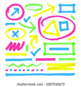 Highlighter vector marks. Color marker stripes, strokes and arrows. Arrow mark colored line, marker stroke scribble for highlighter illustration