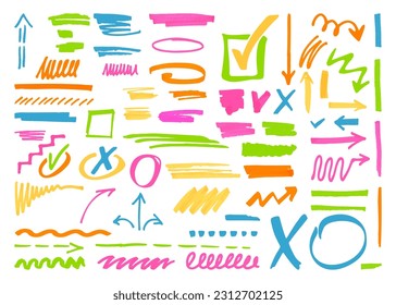 Highlighter vector marks, highlighting pen different lines and symbols. Permanent marker for text select, isolated doodle strokes neoteric vector set