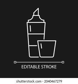Highlighter white linear icon for dark theme. Broad marker pen for marking important text part. Thin line customizable illustration. Isolated vector contour symbol for night mode. Editable stroke