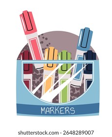 Highlighters in Box in Flat Design on White Background. Colorful Marker for Office, School, Study Supplies. Perfect for Stationery Branding, Back to School Campaigns and Organizational Content