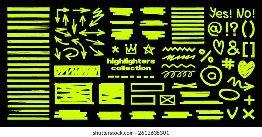Highlighters collection - brush stroke, marker lines, arrows, round, underlines. Hand-drawn marker doodles, tick marks and sketch. Highlighters set, Handwritten notes. Vector graphic pack