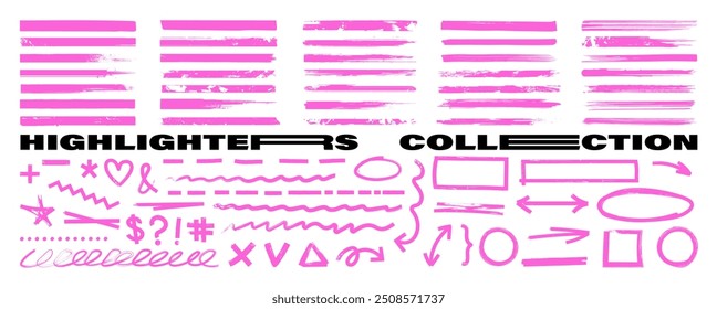 Highlighters graphic box, makers marks, underlines, arrows, notes in hand-drawn style. Underlines, lines, markers. Highlighters, scribble, doodle, notes for text, school board. Vector graphic set