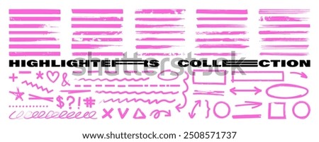 Highlighters graphic box, makers marks, underlines, arrows, notes in hand-drawn style. Underlines, lines, markers. Highlighters, scribble, doodle, notes for text, school board. Vector graphic set