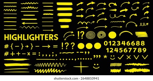Highlighters markers in hand-drawn style. Numbers, underline, round, arrows, punctuation marks and sketch. 