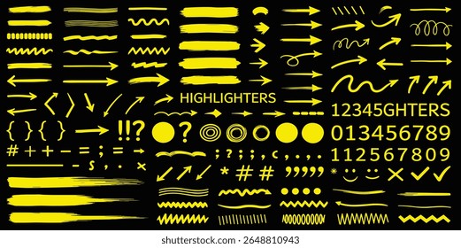 Highlighters markers in hand-drawn style. Numbers, underline, round, arrows, punctuation marks and sketch. 