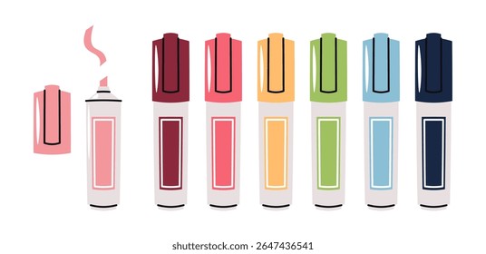 Highlighters Set in Flat Design on White Background. Colorful Marker for Office, School, Study Supplies. Perfect for Stationery Branding, Back to School Campaigns and Organizational Content